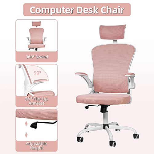 Dvenger Office Desk Chairs with Wheels and Flip up Arms Headrest, Executive Office Chairs Clearance, Height Adjustable Ergonomic Mesh Office Chair for Home Office, Pink