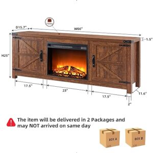 T4TREAM Fireplace TV Stand for 75 Inch TV, Farmhouse Barn Door Media Console, Entertainment Center with 23" Electric Fireplace Remote Control,for Living Room, 66 Inch, Reclaimed Barnwood