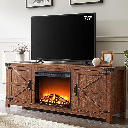 T4TREAM Fireplace TV Stand for 75 Inch TV, Farmhouse Barn Door Media Console, Entertainment Center with 23" Electric Fireplace Remote Control,for Living Room, 66 Inch, Reclaimed Barnwood