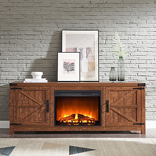 T4TREAM Fireplace TV Stand for 75 Inch TV, Farmhouse Barn Door Media Console, Entertainment Center with 23" Electric Fireplace Remote Control,for Living Room, 66 Inch, Reclaimed Barnwood