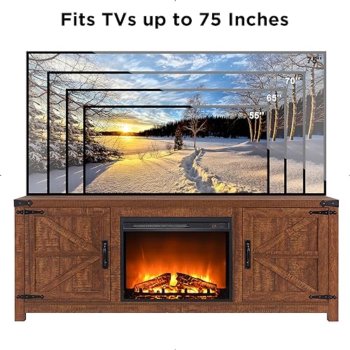 T4TREAM Fireplace TV Stand for 75 Inch TV, Farmhouse Barn Door Media Console, Entertainment Center with 23" Electric Fireplace Remote Control,for Living Room, 66 Inch, Reclaimed Barnwood