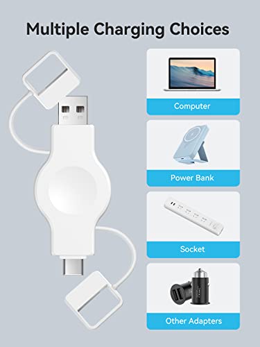 NEWDERY Portable Apple Watch Charger, Wireless Charger for iWatch with USB-A & USB-C Fast Charging Magnetic Cordless Travel Charger for Apple Watch Series 8 7 SE 6 5 4 3 2, White