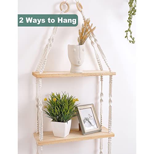 Easever Hanging Shelves Boho Room Decor, 3-Tier Boho Wooden Plant Shelves, Macrame Wall Hanging Storage Shelves, Boho Decor for Apartment, Bathroom, Living Room, Bedroom