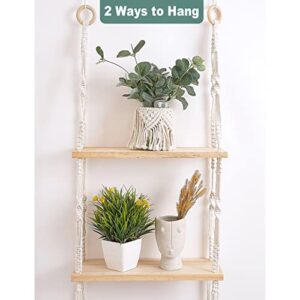 Easever Hanging Shelves Boho Room Decor, 3-Tier Boho Wooden Plant Shelves, Macrame Wall Hanging Storage Shelves, Boho Decor for Apartment, Bathroom, Living Room, Bedroom