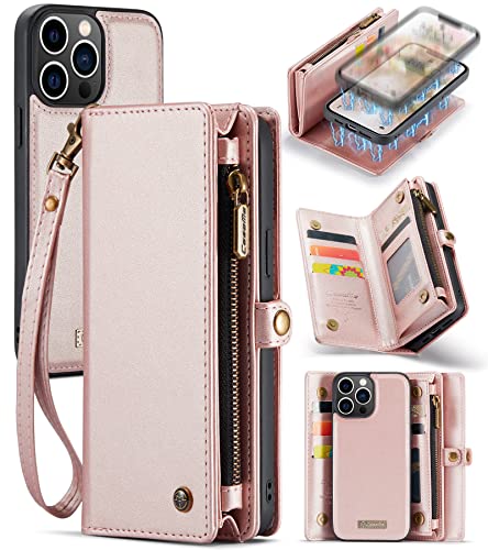 CASEME for iPhone 13 Pro Max Case Wallet Case Cover for Women Men Girls Durable 2 in 1 Detachable Premium Leather with 8 Card Holder Slots Magnetic Zipper Pouch Flip Lanyard Strap Wristlet - Rose Gold