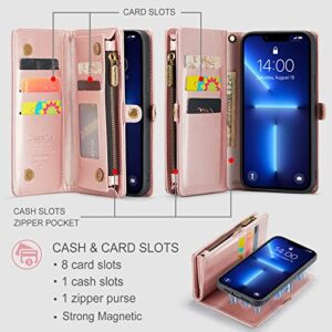 CASEME for iPhone 13 Pro Max Case Wallet Case Cover for Women Men Girls Durable 2 in 1 Detachable Premium Leather with 8 Card Holder Slots Magnetic Zipper Pouch Flip Lanyard Strap Wristlet - Rose Gold