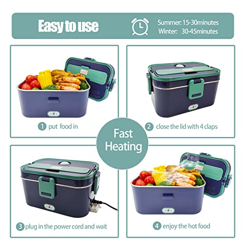 santado Electric Lunch Box Food Heater, [2023 Upgrade] 3 in 1 heated lunch boxes for adults, 1.8L and SS304 Container Heater Lunch Box, Portable Lunch Box Warmer for Car/Truck/Home(Blue+green)
