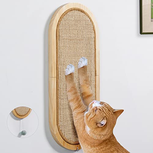 Litail Cat Wall Scratching Post, Sisal Cat Wall Scratcher with Cat Ball Toy, Floor/Wall Mount Cat Scratcher, Wood Cat Scratching Board for Couch Protector, Cat Wall Furniture for Cats (22in x 9.8in)