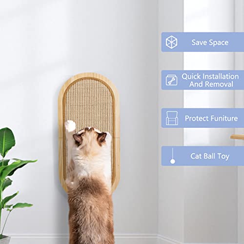 Litail Cat Wall Scratching Post, Sisal Cat Wall Scratcher with Cat Ball Toy, Floor/Wall Mount Cat Scratcher, Wood Cat Scratching Board for Couch Protector, Cat Wall Furniture for Cats (22in x 9.8in)