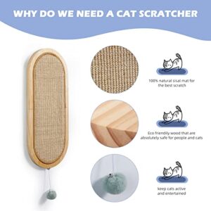 Litail Cat Wall Scratching Post, Sisal Cat Wall Scratcher with Cat Ball Toy, Floor/Wall Mount Cat Scratcher, Wood Cat Scratching Board for Couch Protector, Cat Wall Furniture for Cats (22in x 9.8in)