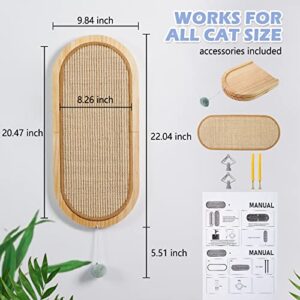 Litail Cat Wall Scratching Post, Sisal Cat Wall Scratcher with Cat Ball Toy, Floor/Wall Mount Cat Scratcher, Wood Cat Scratching Board for Couch Protector, Cat Wall Furniture for Cats (22in x 9.8in)