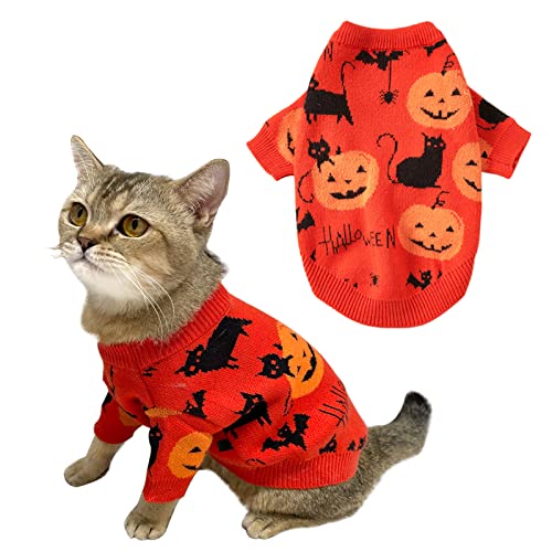 CooShou Halloween Sweater Costume for Dogs Cat Pumpkin Knitwear Clothes Costume with Pumpkin Kitten Pattern Dog Halloween Sweater Coat for Kittens Small Dogs Cats S