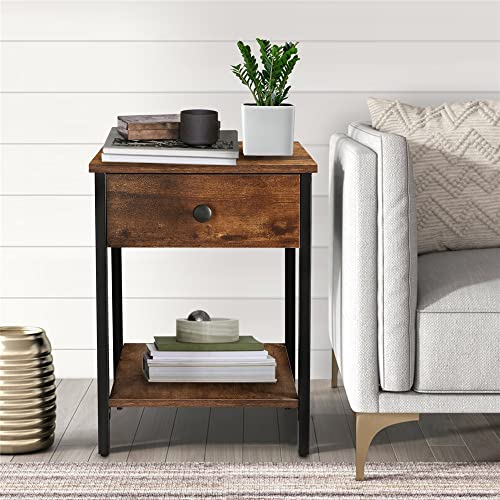 LUSIMO Nightstand with Drawer Bedside Table for Bedroom Small Farmhouse Bed Side Table, 2 Tier Wooden end Table for Small Spaces, Rustic Bedroom Table Living Room with Stable Metal Frame, Brown