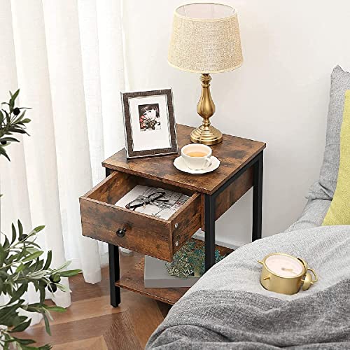 LUSIMO Nightstand with Drawer Bedside Table for Bedroom Small Farmhouse Bed Side Table, 2 Tier Wooden end Table for Small Spaces, Rustic Bedroom Table Living Room with Stable Metal Frame, Brown