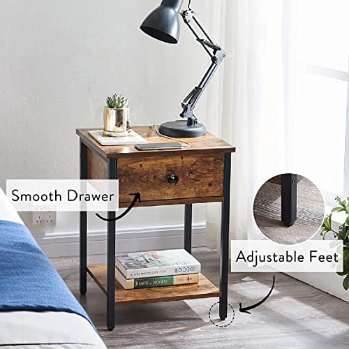 LUSIMO Nightstand with Drawer Bedside Table for Bedroom Small Farmhouse Bed Side Table, 2 Tier Wooden end Table for Small Spaces, Rustic Bedroom Table Living Room with Stable Metal Frame, Brown