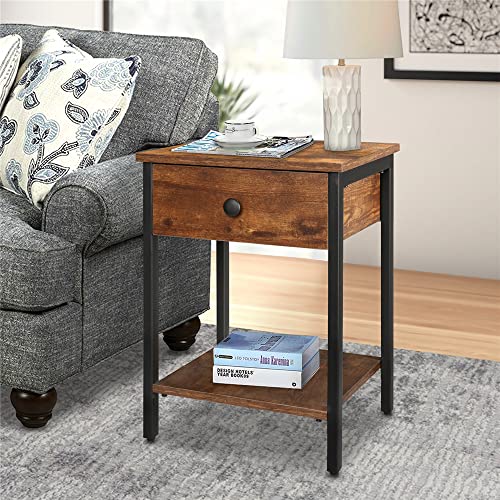 LUSIMO Nightstand with Drawer Bedside Table for Bedroom Small Farmhouse Bed Side Table, 2 Tier Wooden end Table for Small Spaces, Rustic Bedroom Table Living Room with Stable Metal Frame, Brown