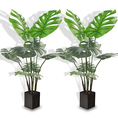 REGIS Artificial Monstera Deliciosa Plant, 4ft Tall Fake Tropical Palm Tree ，8 Pcs Different Turtle Leaves, (2 Pack)