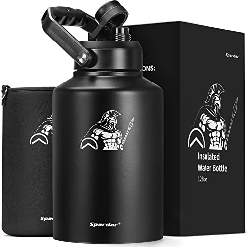 Spardar Stainless Steel Water Bottles, 1 Gallon Insulated Water Bottle With Bottle Sleeve, 128oz Metal Water Bottle for Sports, Gym and Office, Double Walled, Leak Proof, BPA-Free, Black