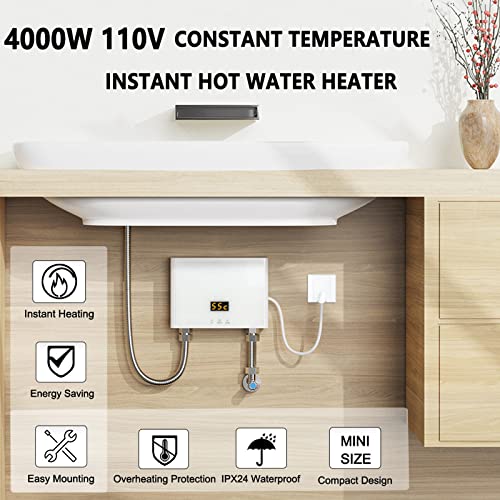 FMATOZ Mini Electric Tankless Water Heater 4000W 110V Constant Temperature Instant Hot Water Heater with Remote Control Digital Display On Demand Hot Water Heater for Home Kitchen Indoor