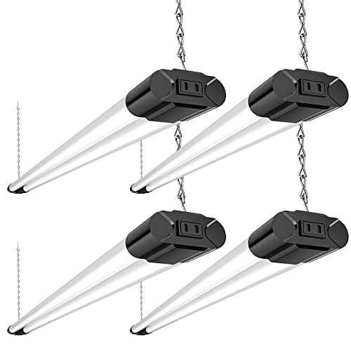 BBOUNDER 4 Pack Linkable LED Utility Shop Light, 4400 LM, Super Bright 6500K Cool Daylight, 4 FT, 48 Inch Integrated Fixture for Garage, 40W Equivalent 250W, Surface + Suspension Mount, Black