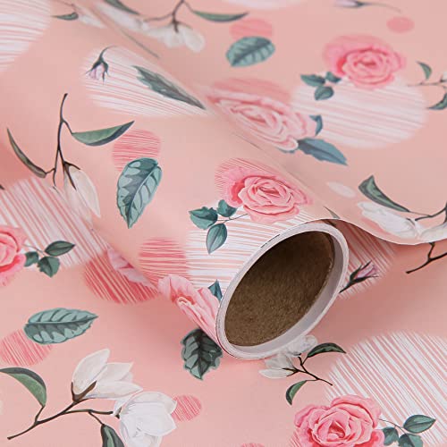 Aimyoo Pink Floral Wrapping Paper Roll 17 in x 10 ft, Vintage Flower Gift Wrap for Wedding Bridal Shower Birthday