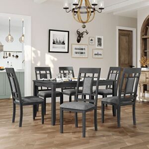 merax 7-piece farmhouse rustic wooden dining set, rectangular table with 6 padded chairs, gray