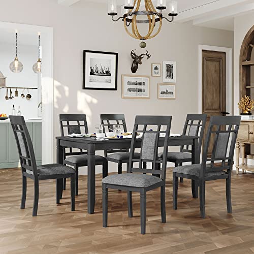 Merax 7-Piece Farmhouse Rustic Wooden Dining Set, Rectangular Table with 6 Padded Chairs, Gray