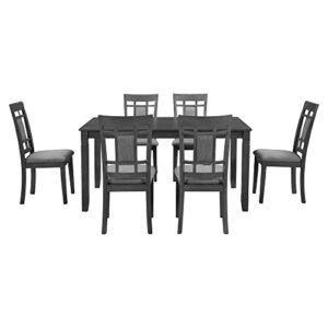 Merax 7-Piece Farmhouse Rustic Wooden Dining Set, Rectangular Table with 6 Padded Chairs, Gray