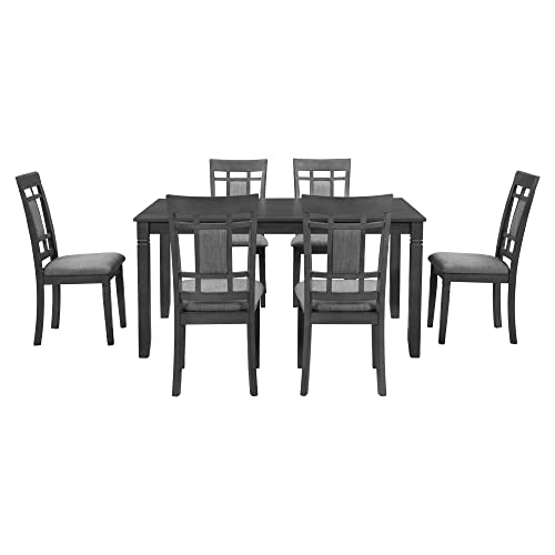 Merax 7-Piece Farmhouse Rustic Wooden Dining Set, Rectangular Table with 6 Padded Chairs, Gray