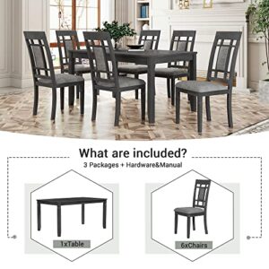 Merax 7-Piece Farmhouse Rustic Wooden Dining Set, Rectangular Table with 6 Padded Chairs, Gray