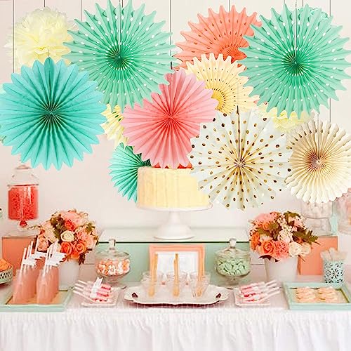 Mint Green Cream Pink Paper Fans Hanging Paper Honeycomb Decoration Baby Shower Bridal Shower Princess Mint Birthday Party Decorations