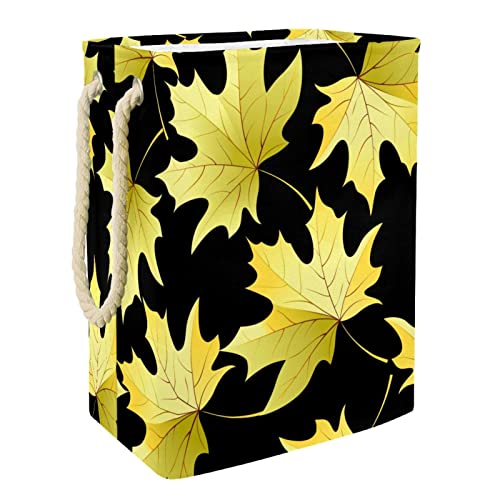 Laundry Hamper Yellow Maple Leaves Pattern Black Background Collapsible Laundry Baskets Firm Washing Bin Clothes Storage Organization for Bathroom Bedroom Dorm