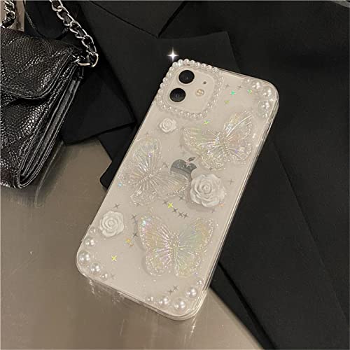 Fycyko Compatible for iPhone 12/12 Pro 3D Butterfly Floral Clear with Design Aesthetic Women Teen Girls Glitter Pretty Crystal Sparkle Sparkly Cute Girly Phone Cases Protective Cover+Chain-Clear