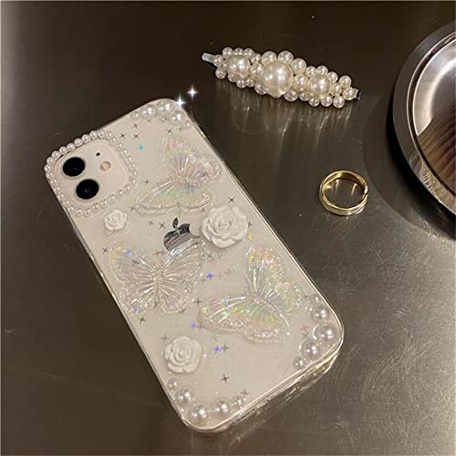 Fycyko Compatible for iPhone 12/12 Pro 3D Butterfly Floral Clear with Design Aesthetic Women Teen Girls Glitter Pretty Crystal Sparkle Sparkly Cute Girly Phone Cases Protective Cover+Chain-Clear