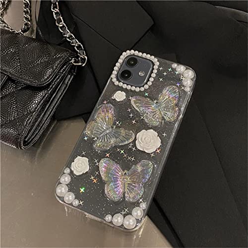Fycyko Compatible for iPhone 12/12 Pro 3D Butterfly Floral Clear with Design Aesthetic Women Teen Girls Glitter Pretty Crystal Sparkle Sparkly Cute Girly Phone Cases Protective Cover+Chain-Clear