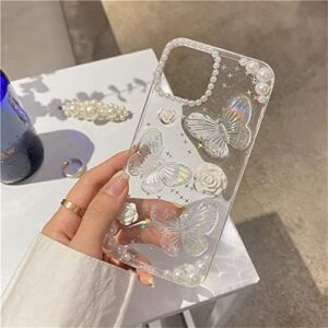 Fycyko Compatible for iPhone 12/12 Pro 3D Butterfly Floral Clear with Design Aesthetic Women Teen Girls Glitter Pretty Crystal Sparkle Sparkly Cute Girly Phone Cases Protective Cover+Chain-Clear
