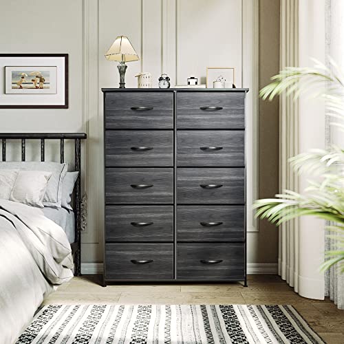 YITAHOME 10 Drawer Dresser - Fabric Storage Tower, Organizer Unit for Living Room, Hallway, Closets & Nursery - Sturdy Steel Frame, Wooden Top & Easy Pull Fabric Bins (Charcoal Black Wood Grain)