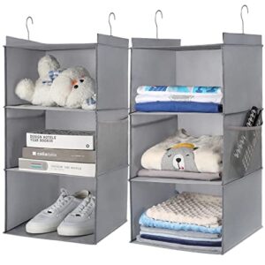 layerspace 2 pack hanging closet organizer 3-shelf, large size hanging shelves for closet with side pocket, linen, 12.2" d x 12.2" w x 27.9" h, dark grey