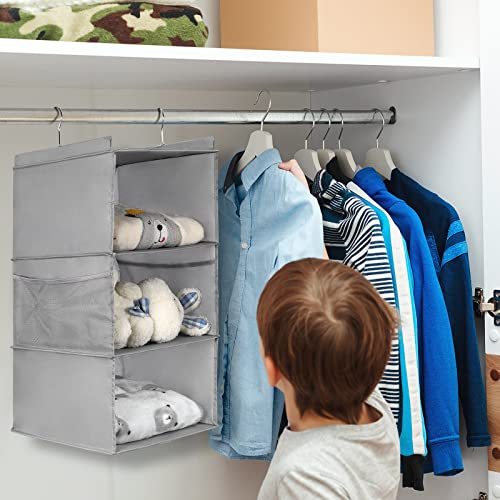 LayerSpace 2 Pack Hanging Closet Organizer 3-Shelf, Large Size Hanging Shelves for Closet with Side Pocket, Linen, 12.2" D x 12.2" W x 27.9" H, Dark Grey