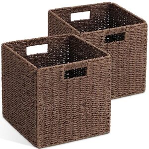 2 pack wicker baskets, graciadeco hand-woven paper rope storage baskets woven, foldable storage cube bins, storage basket for shelves organizing or decor, 12 * 12 * 12 inches, brown