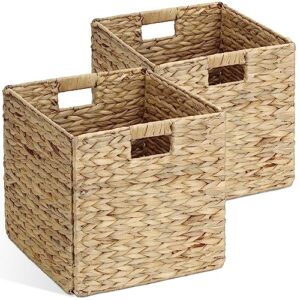 2 pack water hyacinth storage basket ,graciadeco wicker baskets for organizing, folding storage cube bins, decorative seagrass shelf basket , storage bins for shelves organizing or decor, 12*12*12 inches