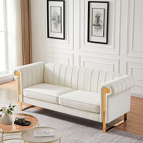 83" Modern Chesterfield Sofa, Melpomene Velvet Sofa Couch with Flared Arms and Removable Cushions for Living Room Bedroom（Beige）