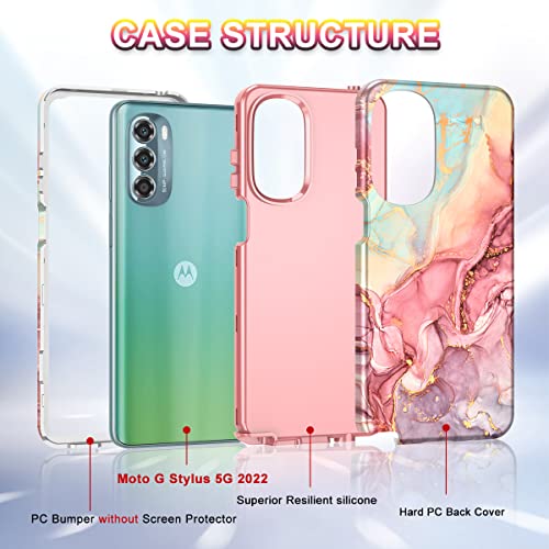 Btscase for Moto G Stylus 5G 2022 Case (NOT FIT 4G), Marble 3 in 1 Heavy Duty Shockproof Full Body Rugged Hard PC+Soft Silicone Drop Protective Women Girl Cover for Moto G Stylus 5G 2022, Rose Gold