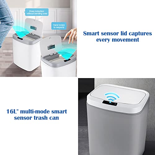 Automatic Garbage Can Motion Sensor Bathroom Trash Can Touchless Bathroom Trash Can 15L/4gallon Smart Trash Bin with Lid Slim Plastic Narrow Garbage Can for Living Room, Bedroom, Office, Toilet, RV (Grey)