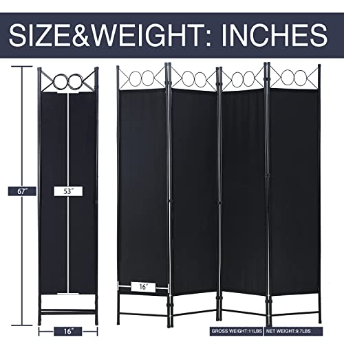 Room Divider 4 Panels 6FT Room Divider Wall Folding Privacy Screens with Steel Frame Freestanding Partition for Home Office Bedroom,Black