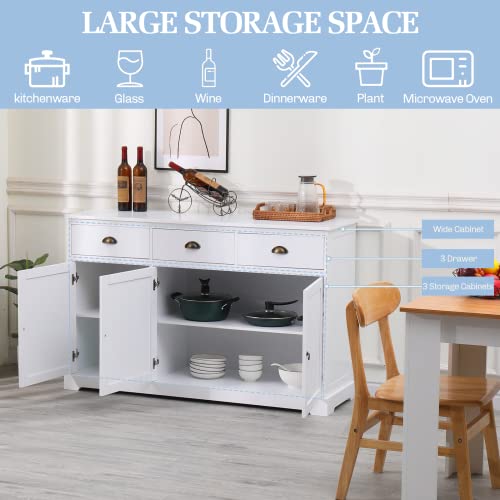 EROMMY White Buffet Cabinet with Storage, Kitchen Sideboard with 3 Doors & 3 Drawers, Farmhouse Buffet Server Bar Cabinet Console Table for Dining Living Room, White