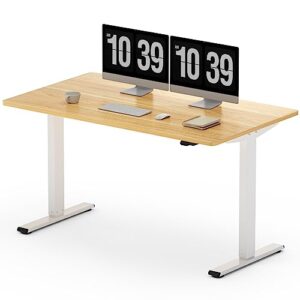sanodesk electric standing desk 55 x 28 inches, height adjustable stand up desk w/2-button controller, ergonomic computer desk for home office, white frame + natural tabletop