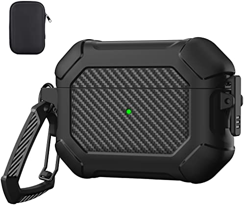 Maxjoy for Airpods Pro Case Cover with Lock, Airpods Pro Protective Case Hard Shell Rugged Shockproof Cover with Keychain Compatible with Apple Airpods Pro 2019 Front LED Visible, Black