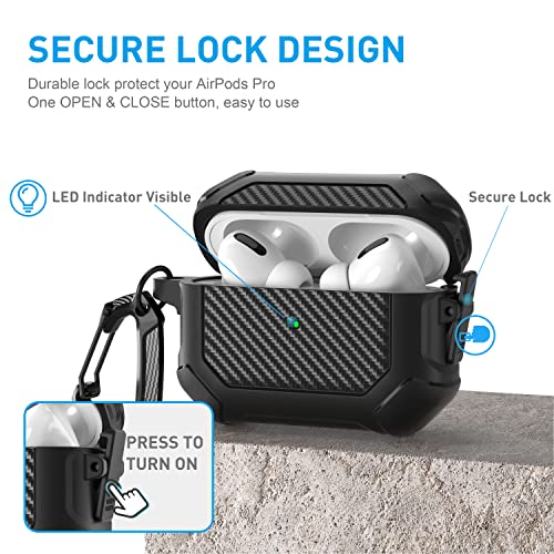 Maxjoy for Airpods Pro Case Cover with Lock, Airpods Pro Protective Case Hard Shell Rugged Shockproof Cover with Keychain Compatible with Apple Airpods Pro 2019 Front LED Visible, Black