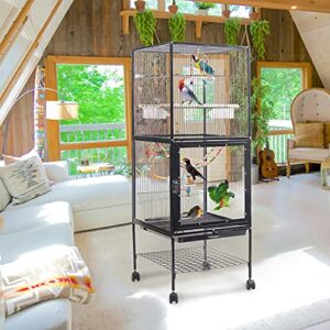 PENCHEN IKAYAA 56.5 Inch Bird Cage, Parrot Cage, Wrought Iron Wire Bird Parrot, Rolling Cage with Bottom Storage Shelf, Suitable for Small Medium Sized Birds